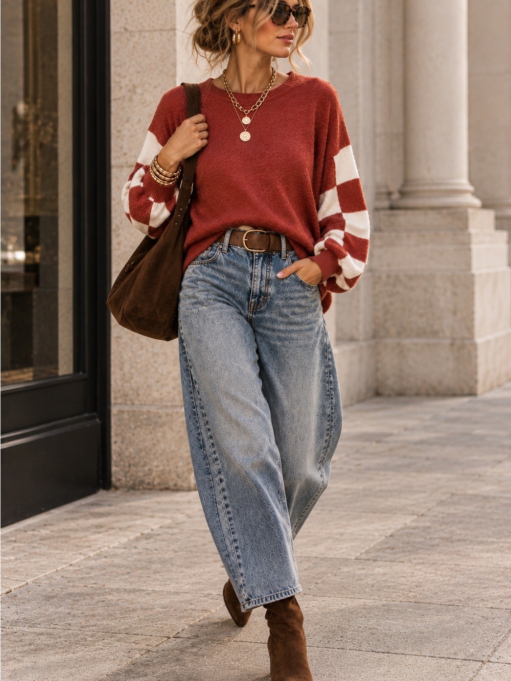 Blu Pepper Rust Checkerboard Sleeve Sweater Women’s Medium From Buckle Fall Knit